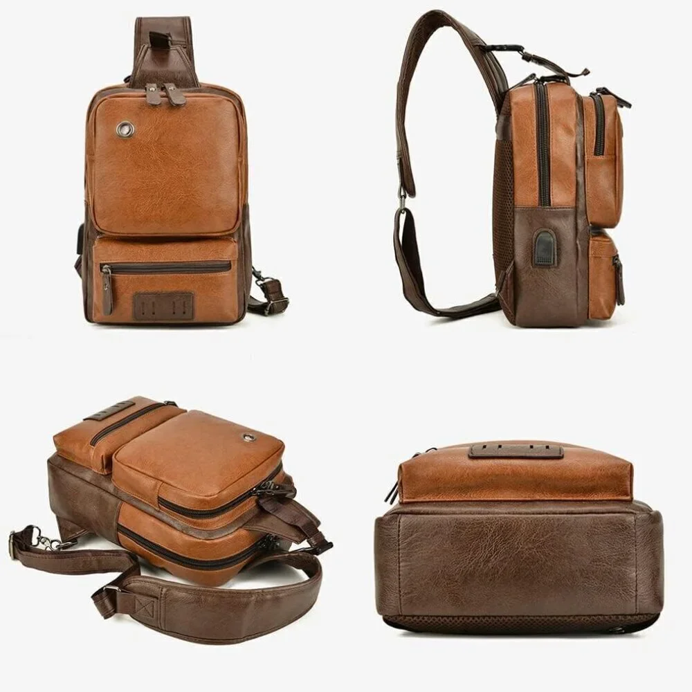 💫 Men Brown Vintage Leather Sling Crossbody Chest Backpack Travel Bags